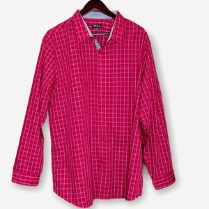 Mens XXL Red White Check Slim Fit Long‎ Sleeve Button Down Shirt Christmas